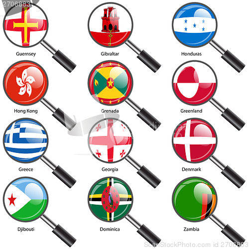 Image of Set  Flags of world sovereign states magnifying glass. Vector il