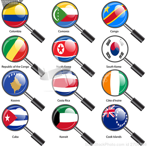 Image of Set  Flags of world sovereign states magnifying glass. Vector il