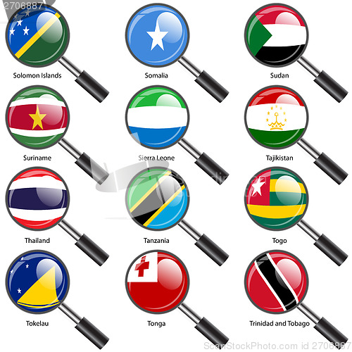 Image of Set  Flags of world sovereign states magnifying glass. Vector il