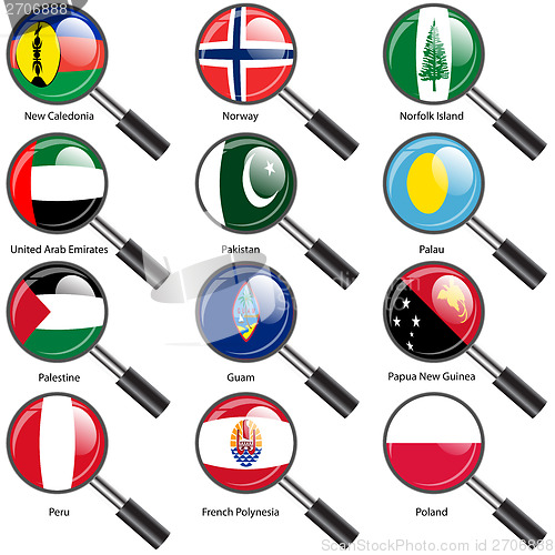 Image of Set  Flags of world sovereign states magnifying glass. Vector il