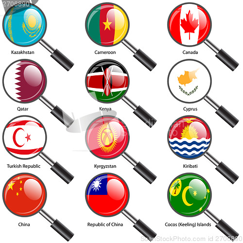 Image of Set  Flags of world sovereign states magnifying glass. Vector il