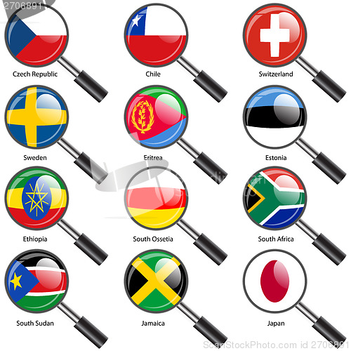 Image of Set  Flags of world sovereign states magnifying glass. Vector il