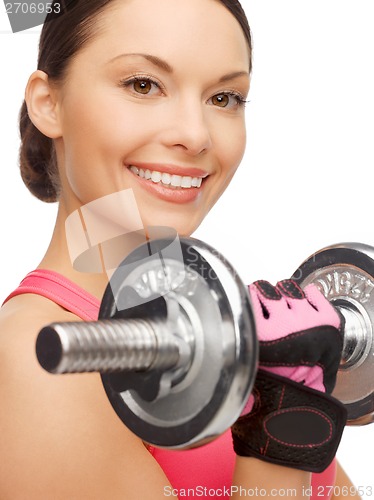 Image of asian sporty woman with heavy dumbbell