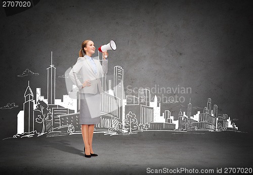 Image of smiling businesswoman with megaphone