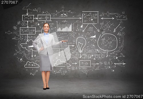 Image of businesswoman showing big plan on concrete wall