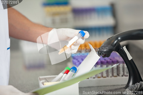 Image of Technician With Sample Analyzing Document In Laboratory