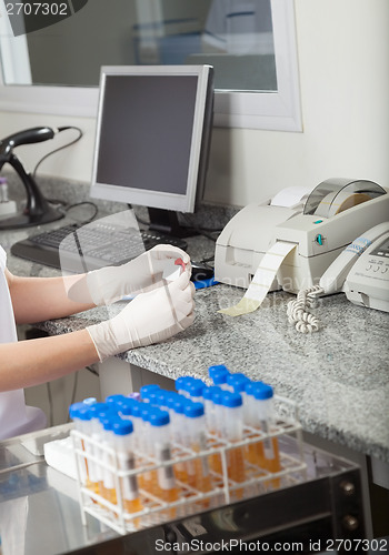 Image of Technician Labeling Test Tube In Laboratory