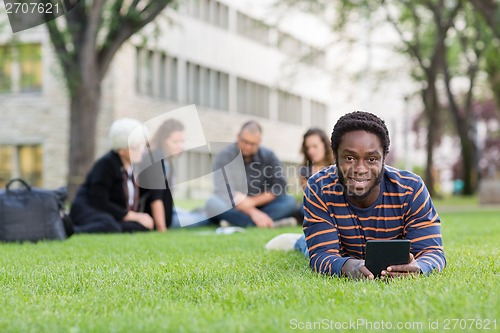 Image of Student With Digital Tablet On Grass At Campus Park
