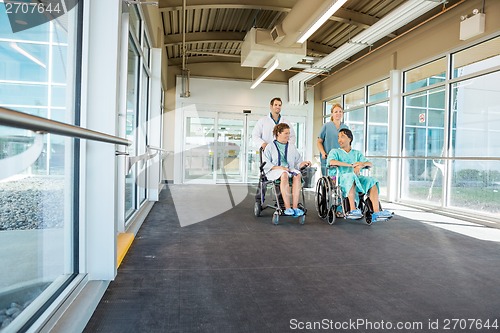 Image of Medical Team Pushing Patients On Wheelchairs At Hospital Corrido