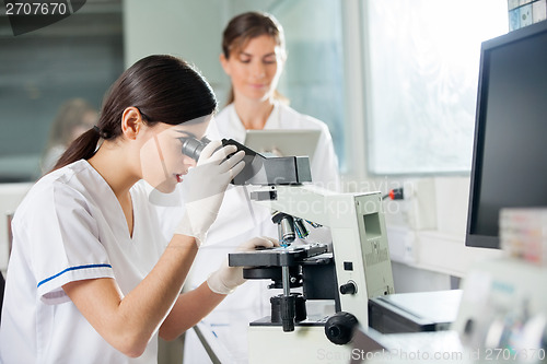 Image of Female Researcher Looking Through Microscope