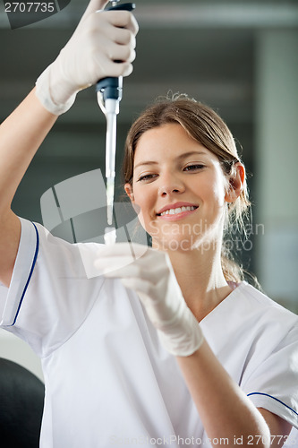 Image of Scientist Filling Liquid Into Test Tube In Lab