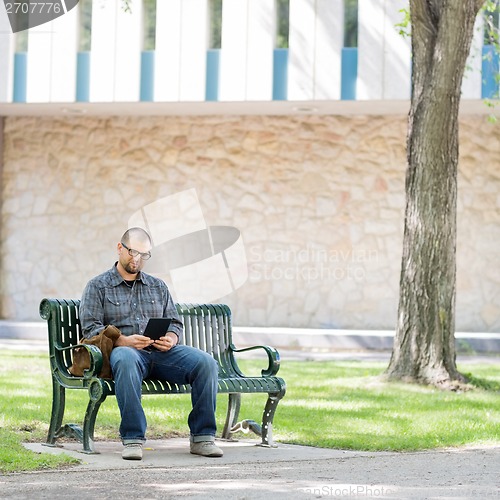Image of University Student Using Digital Tablet On Bench