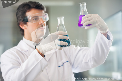 Image of Scientist Examining Flasks With Different Samples