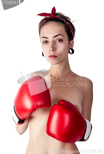 Image of beautiful nude girl with boxing gloves