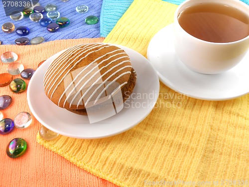 Image of Breakfast with cake and cup of tea (coffee) and stone set