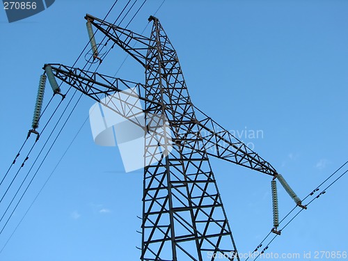 Image of Powerline tower seen from below against blue sky