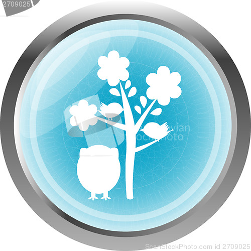 Image of button with owl and tree, isolated on white