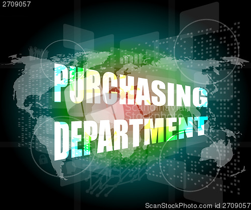 Image of purchasing department words on digital screen with world map