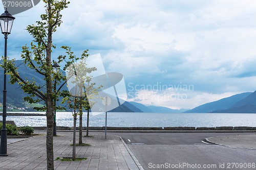 Image of Empty city pier on a summer overcast day, Norway.