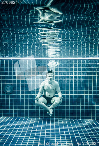 Image of Man under water in a swimming pool to relax in the lotus positio