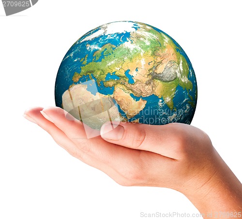 Image of Hand of the person holds globe.