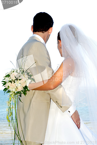 Image of Happy wedding couple smiling