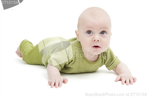 Image of toddler in green clothing isolated in white background