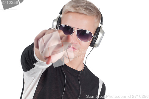 Image of Guy with headphones pointing his finger