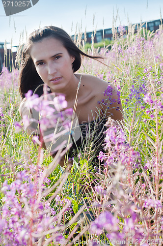 Image of Beautiful brunette woman in field