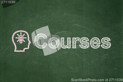 Image of Education concept: Head With Lightbulb and Courses on chalkboard background