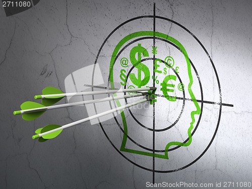 Image of Education concept: arrows in Head With Finance Symbol target on wall background