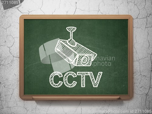 Image of Safety concept: Cctv Camera and CCTV on chalkboard background