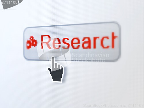 Image of Advertising concept: Research and Gears on digital button background