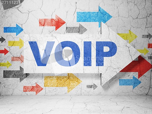 Image of Web development concept: arrow with VOIP on grunge wall background