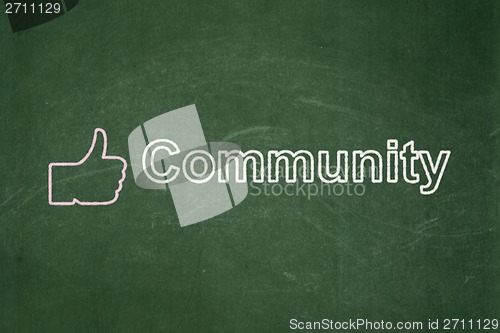 Image of Social network concept: Thumb Up and Community on chalkboard background