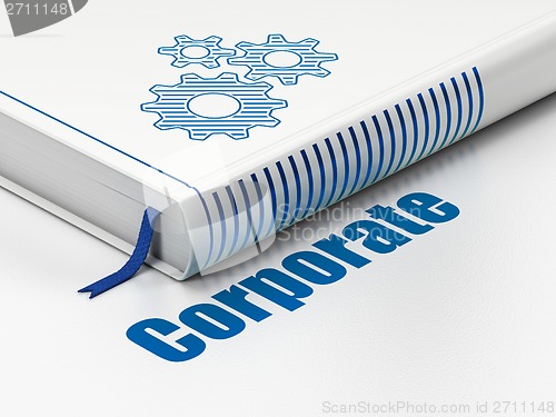 Image of Finance concept: book Gears, Corporate on white background