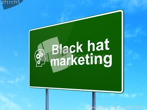 Image of Business concept: Black Hat Marketing and Head With Gears on road sign background