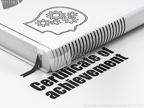 Image of Education concept: book Head With Gears, Certificate of Achievement on white background