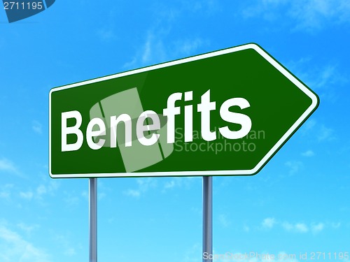 Image of Finance concept: Benefits on road sign background