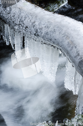 Image of Frozen icicles on water flow,  close-up