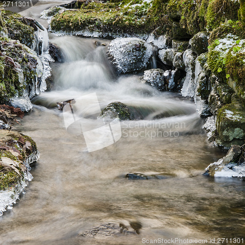 Image of Small creek with a waterfall close up