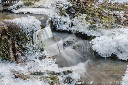 Image of Small creek with a waterfall close up