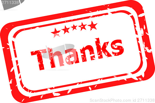 Image of Stylized red stamp showing the term thanks. All on white background