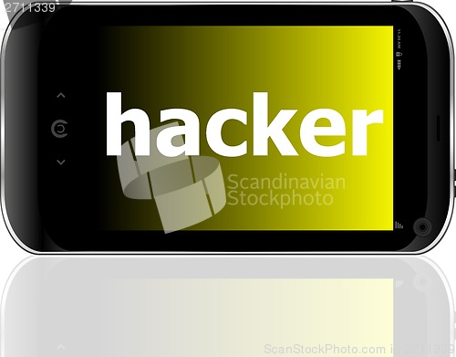 Image of smartphone with word hacker on display, business concept
