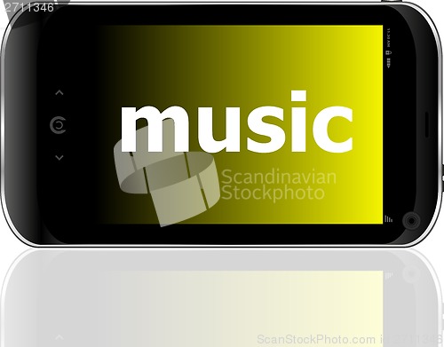 Image of music word on smart mobile phone, holiday concept