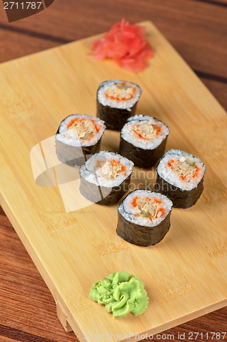 Image of sushi rolls with tobico and pancake