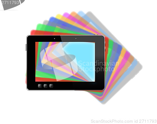 Image of black tablet with motley multicolored shadows