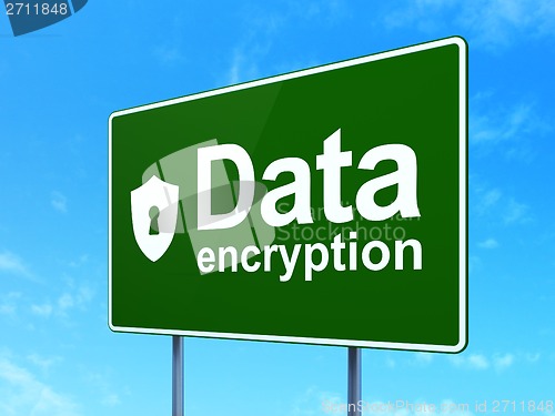 Image of Protection concept: Data Encryption and Shield With Keyhole on road sign background