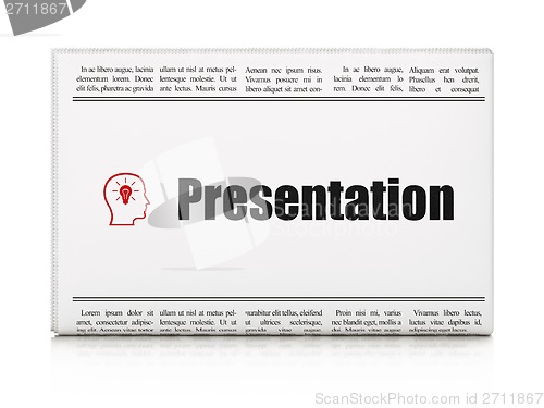 Image of Marketing concept: newspaper with Presentation and Head With Lightbulb