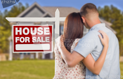 Image of For Sale Real Estate Sign, Military Couple Looking at House